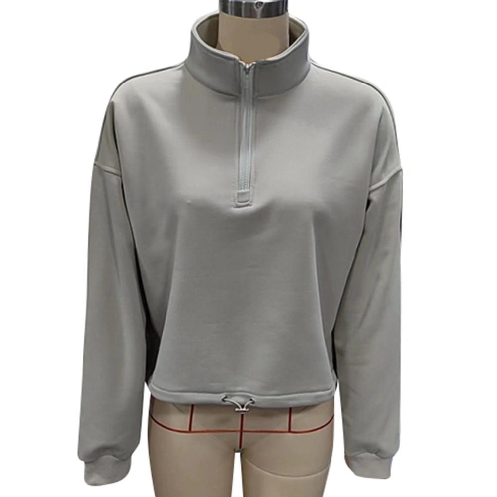 Women Casual 1/4 Zip Pullover Long Sleeve Loose Fit Drawstring Hem Quarter Zip Sweatshirt Grey S