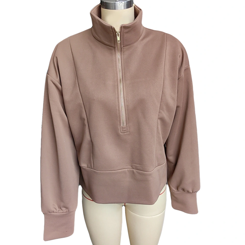 Women Long Sleeve Zipper Sweatshirt Fashionable Casual Stand Collar Pullover Top for Outdoor Activity Light Brown XL