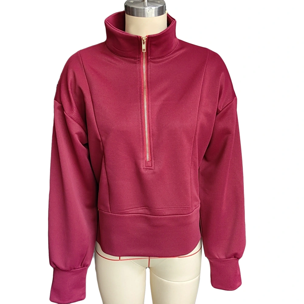 Women Long Sleeve Zipper Sweatshirt Fashionable Casual Stand Collar Pullover Top for Outdoor Activity Burgundy L