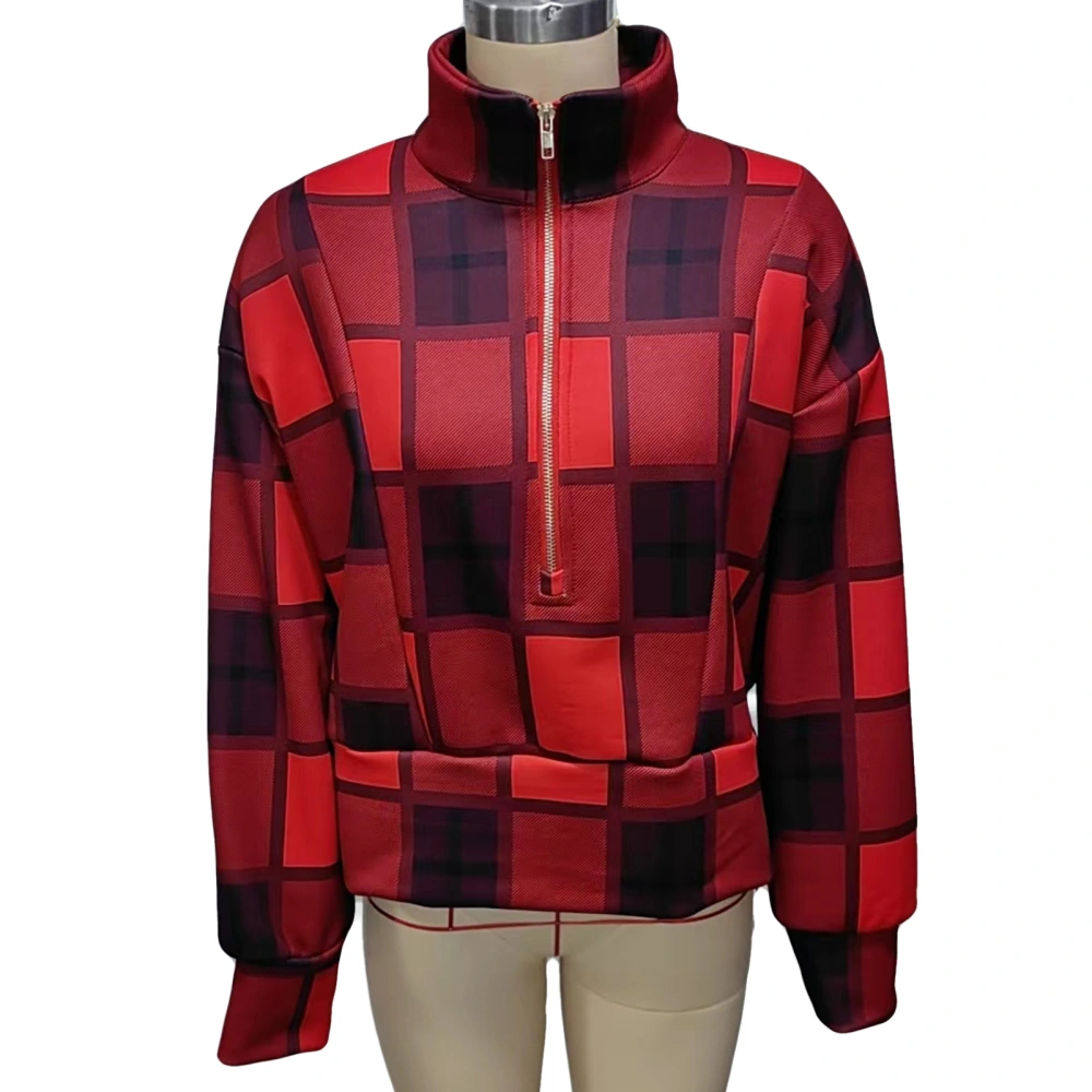 Women Long Sleeve Zipper Sweatshirt Fashionable Casual Stand Collar Pullover Top for Outdoor Activity Red Plaid S