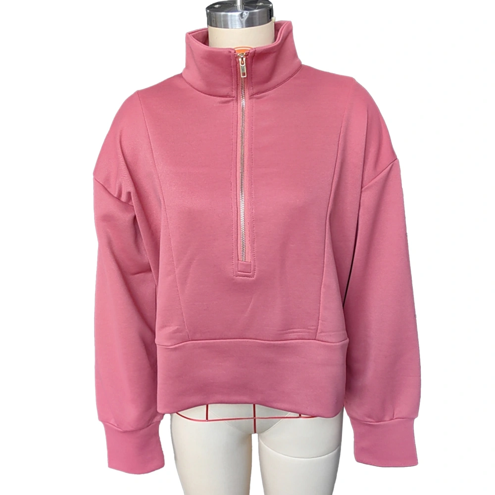 Women Long Sleeve Zipper Sweatshirt Fashionable Casual Stand Collar Pullover Top for Outdoor Activity Leather Pink M