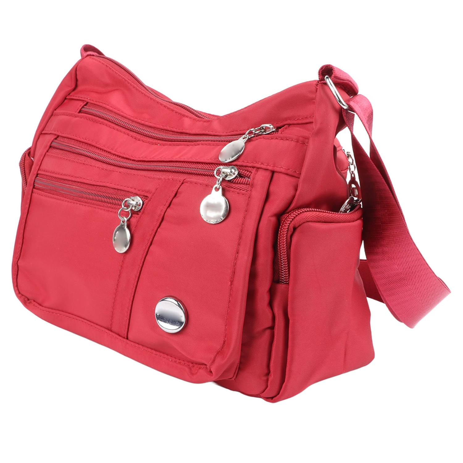 Women Waterproof Nylon Messenger Bag Fashionable Plain Color Adjustable Large Capacity Shoulder Bag Red M