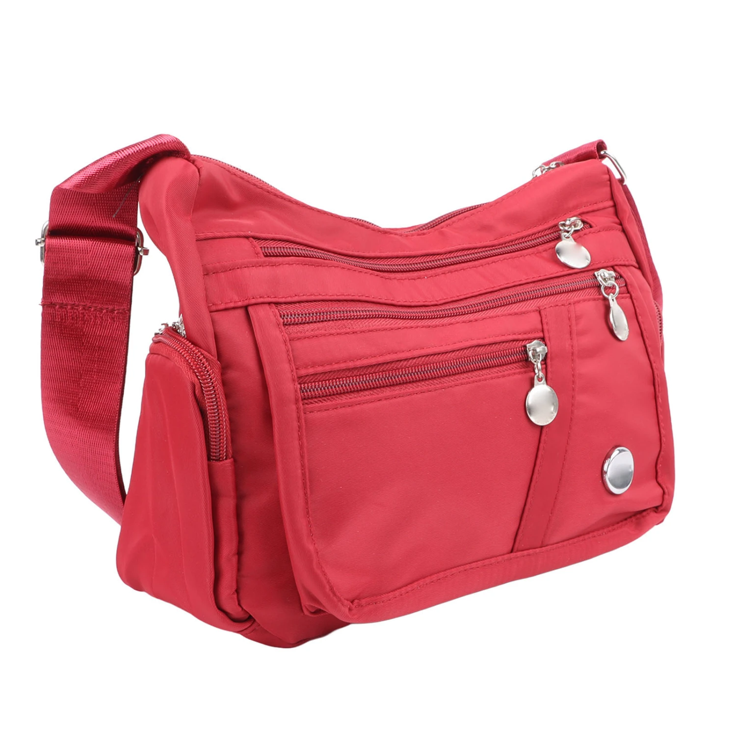 Women Waterproof Nylon Messenger Bag Fashionable Plain Color Adjustable Large Capacity Shoulder Bag Red M