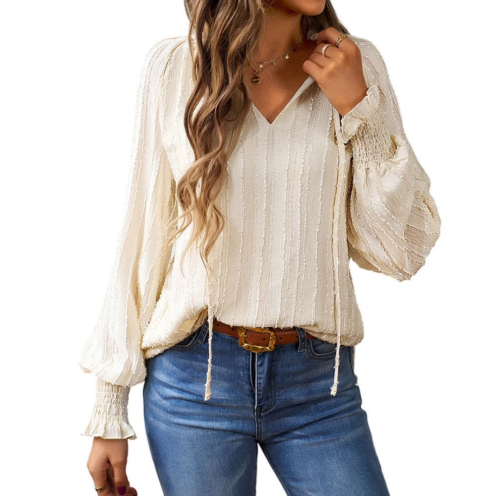 Woman V Neck Drawstring Top Pure Color Loose Long Sleeve Shirt Elastic Shirred Cuff Top Apricot L