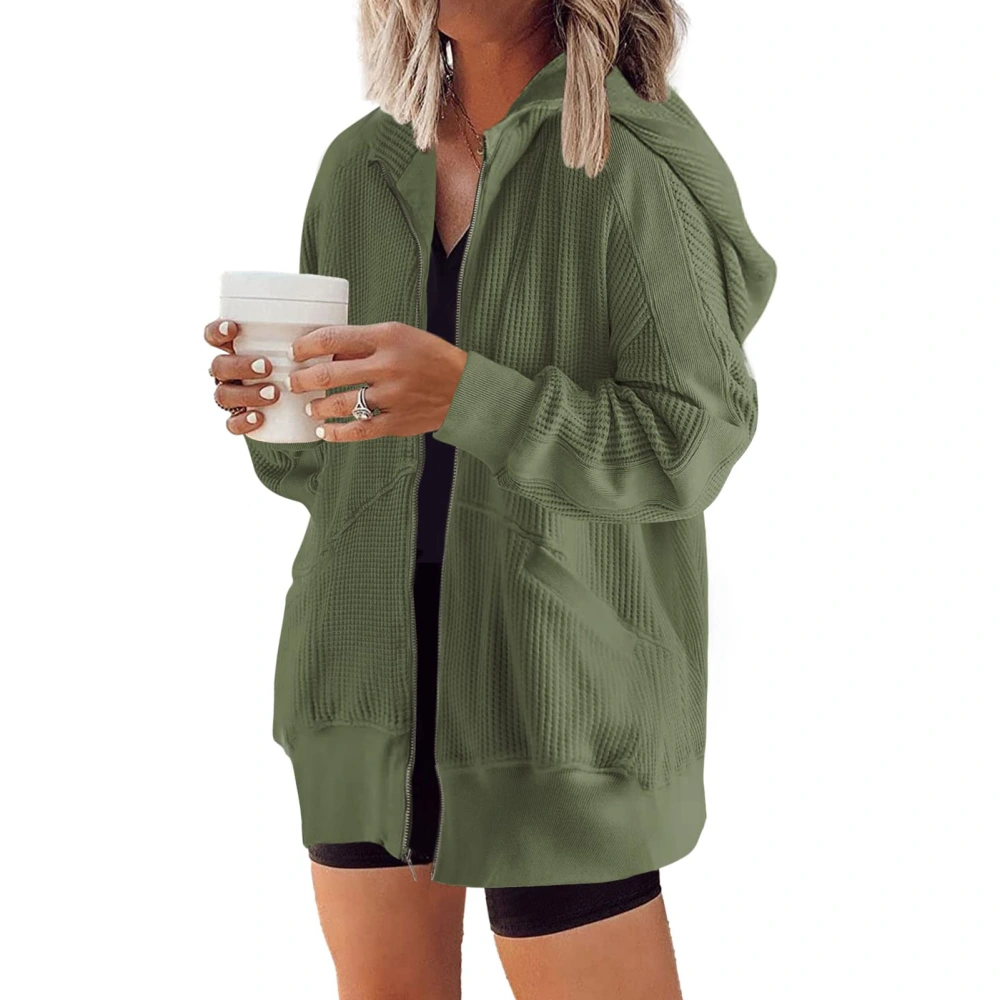 Zipper Hooded Pocket Coat Plain Color Plus Size Long Sleeve Hoodie Jacket for Women OD Green XS