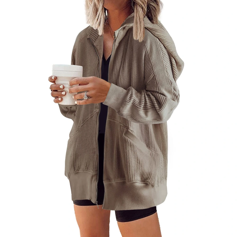 Zipper Hooded Pocket Coat Plain Color Plus Size Long Sleeve Hoodie Jacket for Women Light Brown M