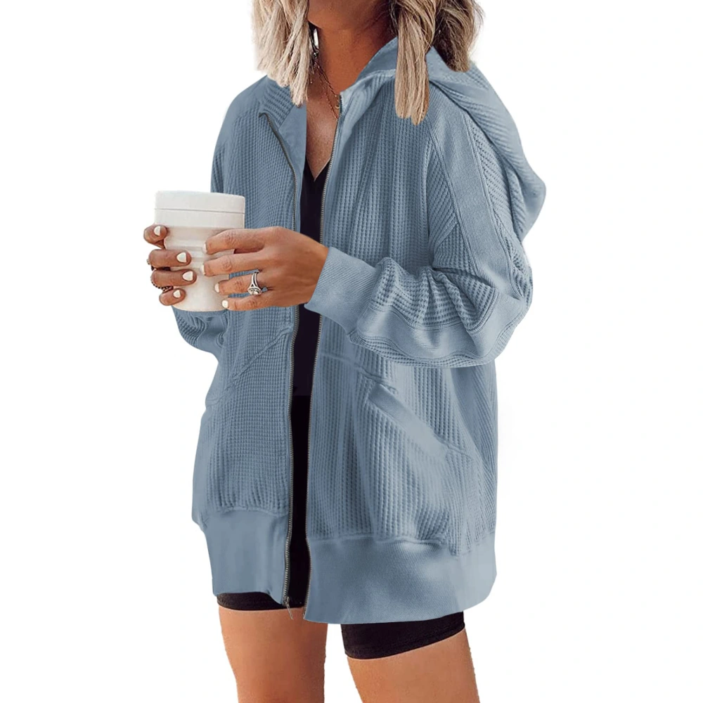 Zipper Hooded Pocket Coat Plain Color Plus Size Long Sleeve Hoodie Jacket for Women Grayish Blue S