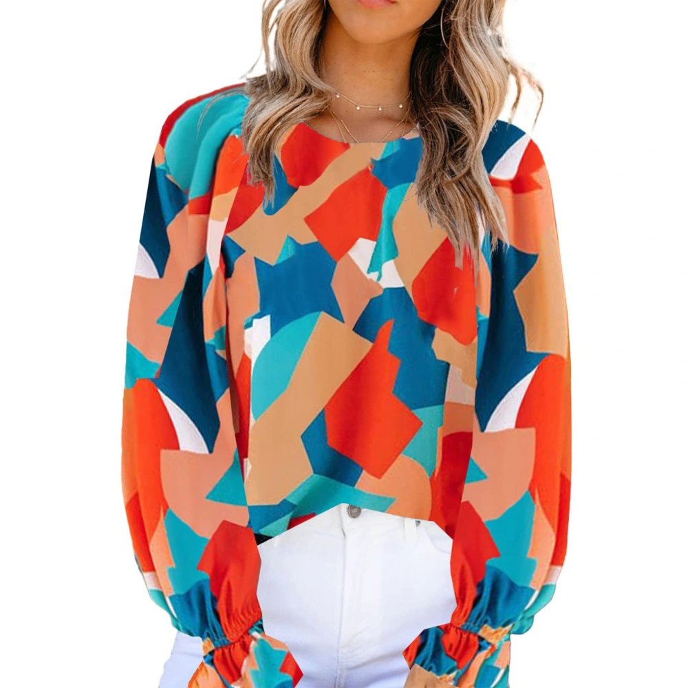 Women Long Sleeves T Shirt Round Neck Ruffle Cuffs Casual Loose Printing Blouses for Daily Wear Colorful M