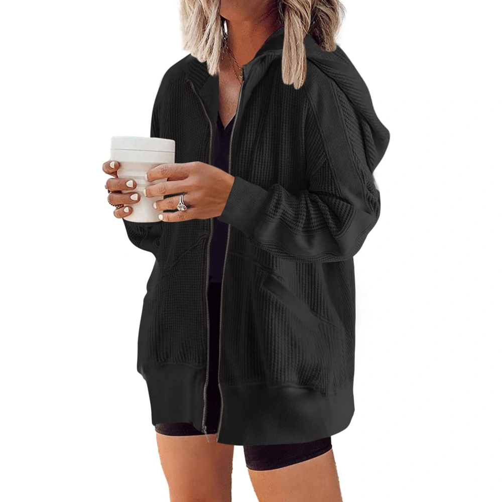 Zipper Hooded Pocket Coat Plain Color Plus Size Long Sleeve Hoodie Jacket for Women Black L