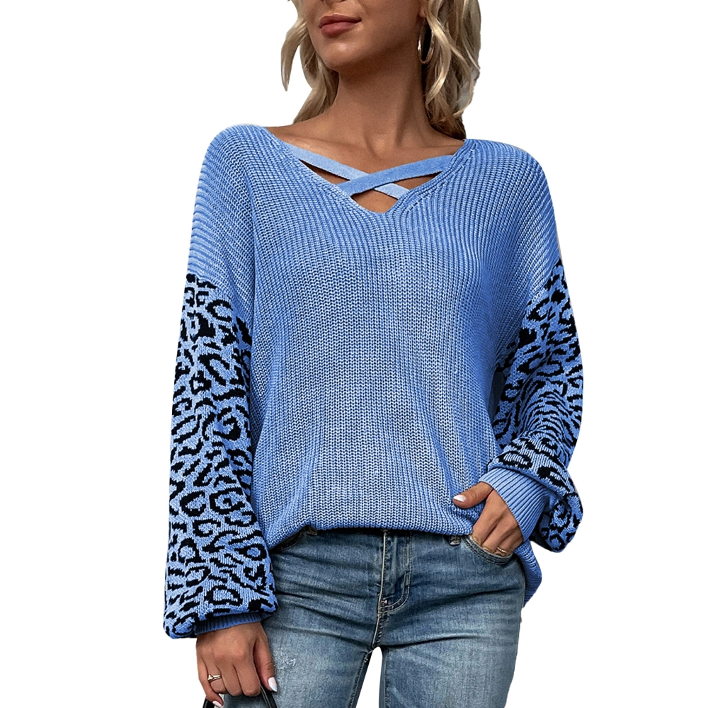 Women Criss Cross V Neck Sweater Long Sleeve Loose Fit Leopard Print Pullover Top Blue L