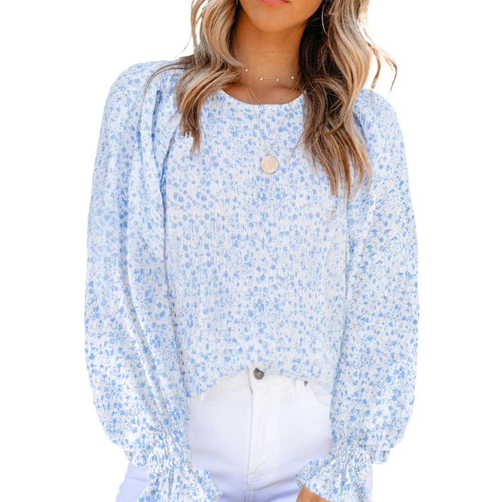 Women Long Sleeves T Shirt Round Neck Ruffle Cuffs Casual Loose Printing Blouses for Daily Wear Blue L