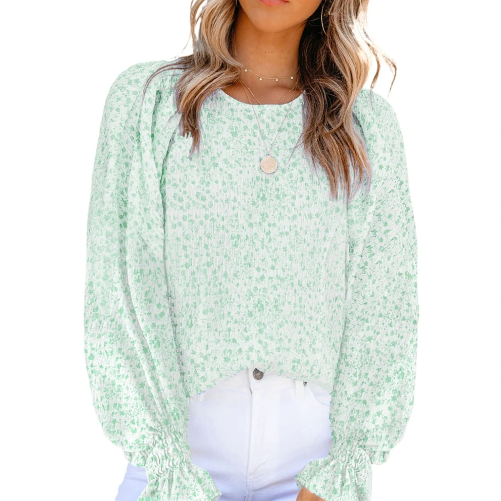 Women Long Sleeves T Shirt Round Neck Ruffle Cuffs Casual Loose Printing Blouses for Daily Wear Green S