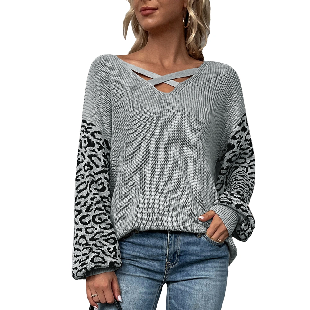 Women Criss Cross V Neck Sweater Long Sleeve Loose Fit Leopard Print Pullover Top Grey M