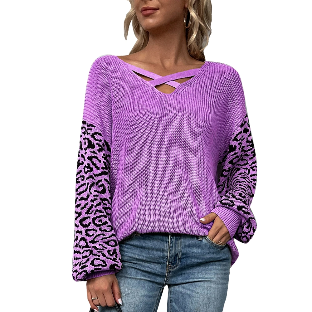 Women Criss Cross V Neck Sweater Long Sleeve Loose Fit Leopard Print Pullover Top Purple L