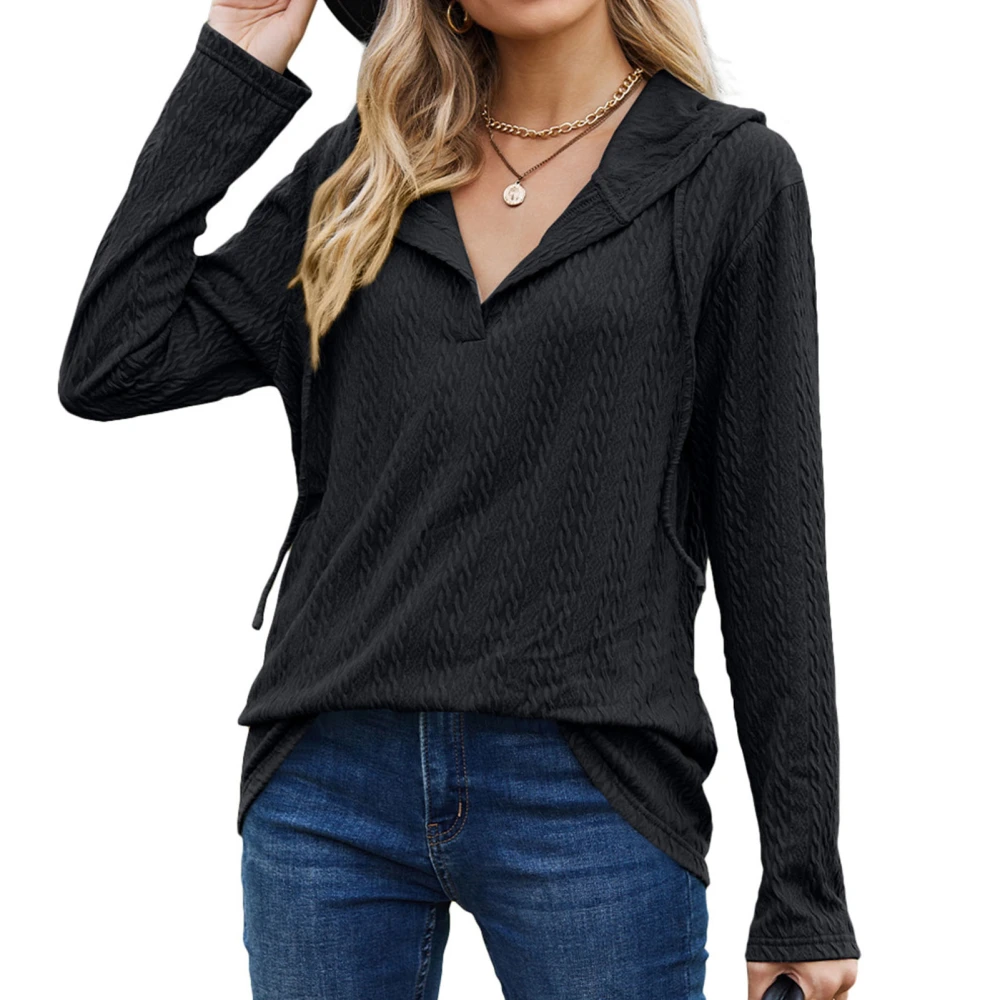 Hooded Long Sleeve Top V Neck Blouse Loose Fitting Solid Color Jacquard Women Clothing Black S