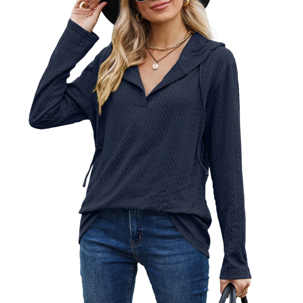 Hooded Long Sleeve Top V Neck Blouse Loose Fitting Solid Color Jacquard Women Clothing Navy Blue L