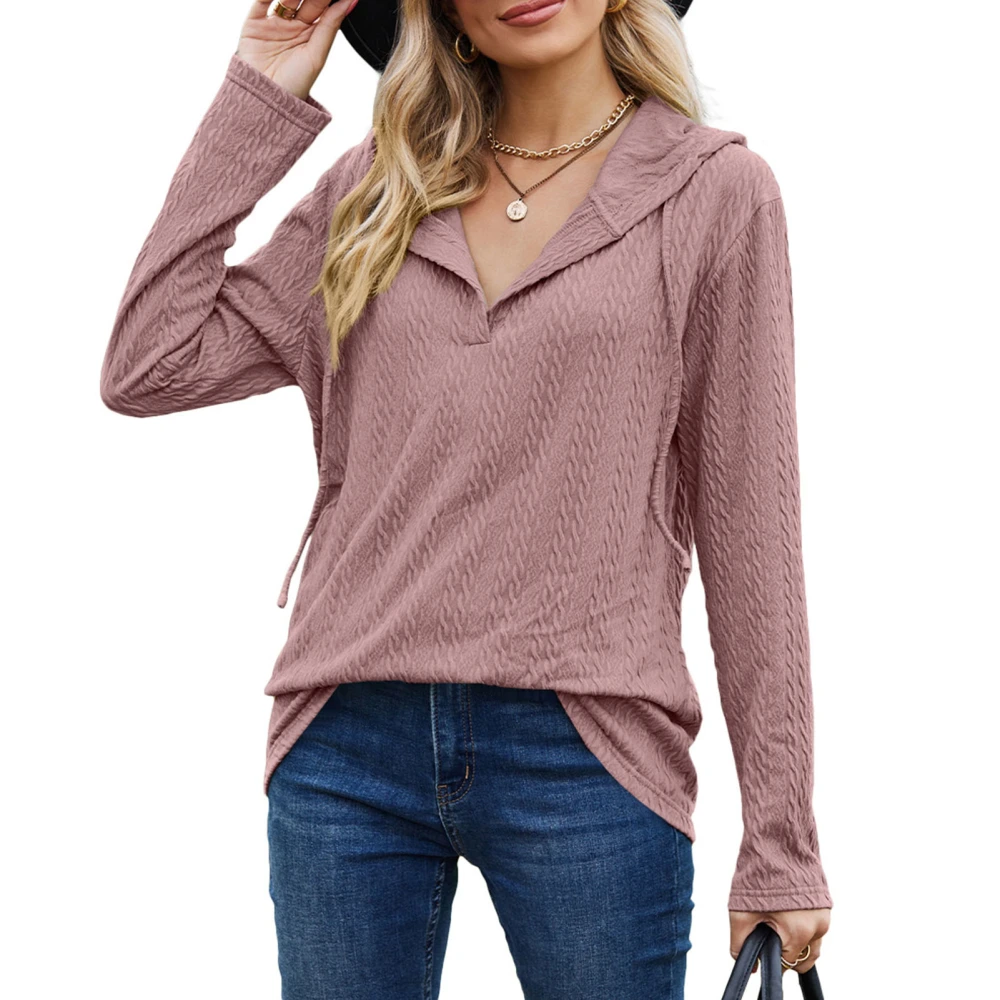 Hooded Long Sleeve Top V Neck Blouse Loose Fitting Solid Color Jacquard Women Clothing Deep Pink XXL