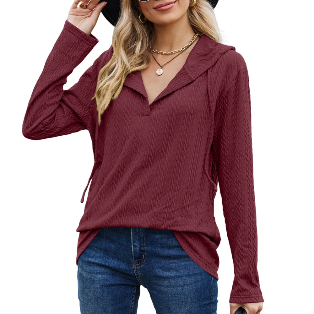 Hooded Long Sleeve Top V Neck Blouse Loose Fitting Solid Color Jacquard Women Clothing Wine Red S