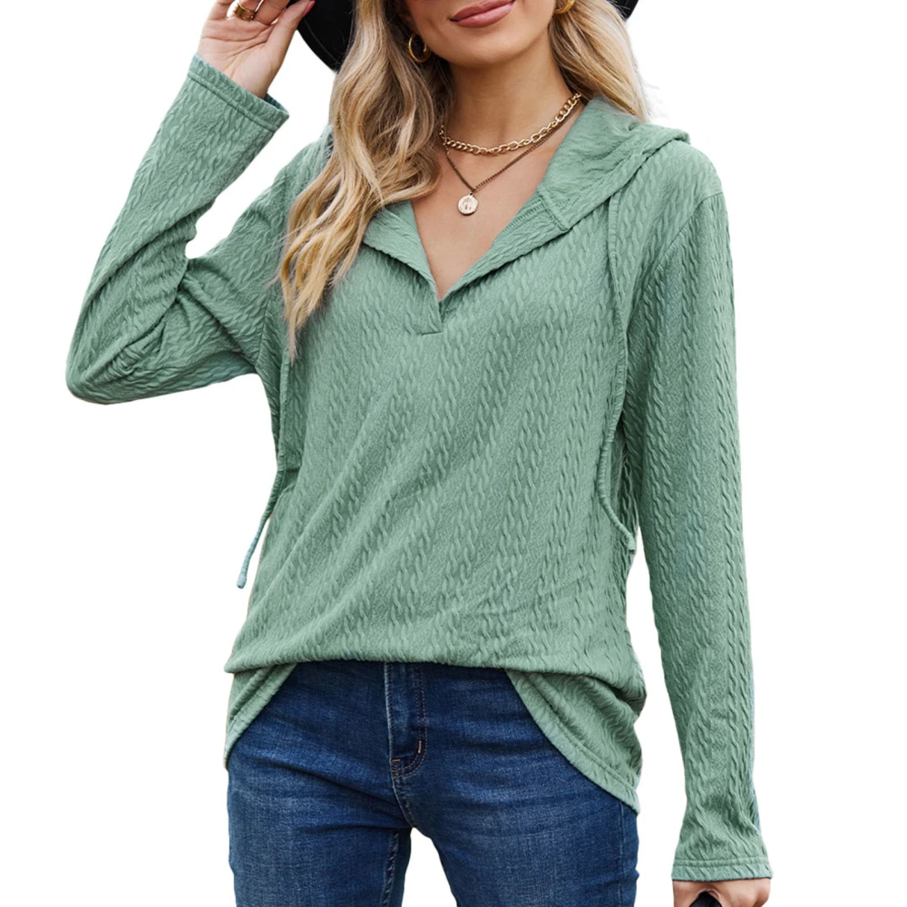 Hooded Long Sleeve Top V Neck Blouse Loose Fitting Solid Color Jacquard Women Clothing Pea Green S