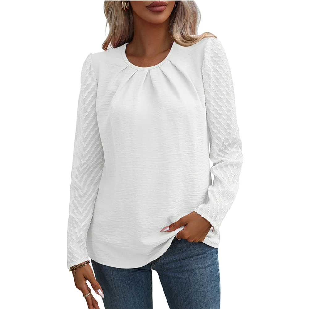 Women Long Sleeve Round Neck Shirt Fashion Casual Pure Color See Through Jacquard Women Long Sleeve Pullover Tops White L