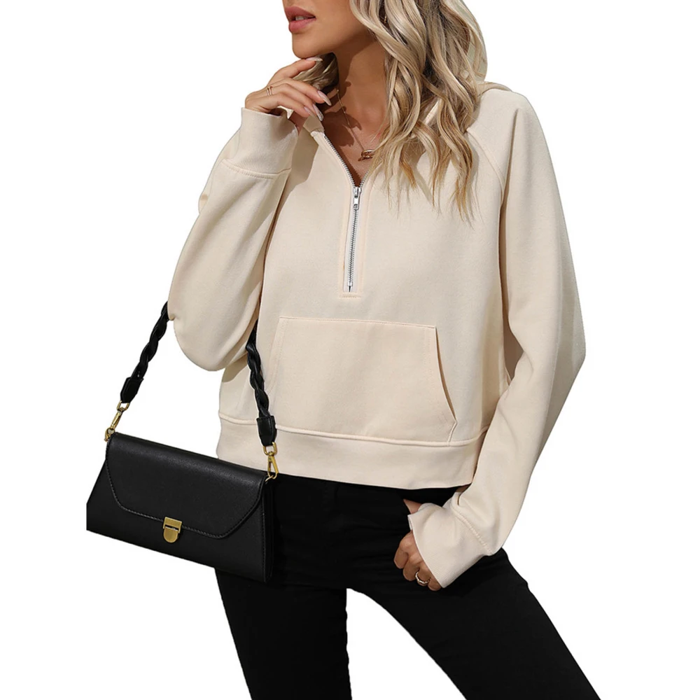 Women Hooded Sweatshirt Long Sleeve Half Zip Loose Fit Pure Color Lady Pullover Hoodie with Pocket Apricot XL