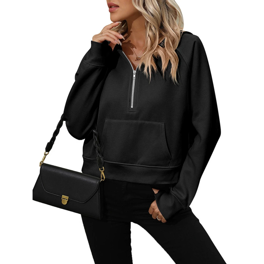 Women Hooded Sweatshirt Long Sleeve Half Zip Loose Fit Pure Color Lady Pullover Hoodie with Pocket Black M