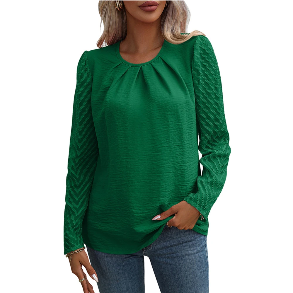 Women Long Sleeve Round Neck Shirt Fashion Casual Pure Color See Through Jacquard Women Long Sleeve Pullover Tops Dark Green XL