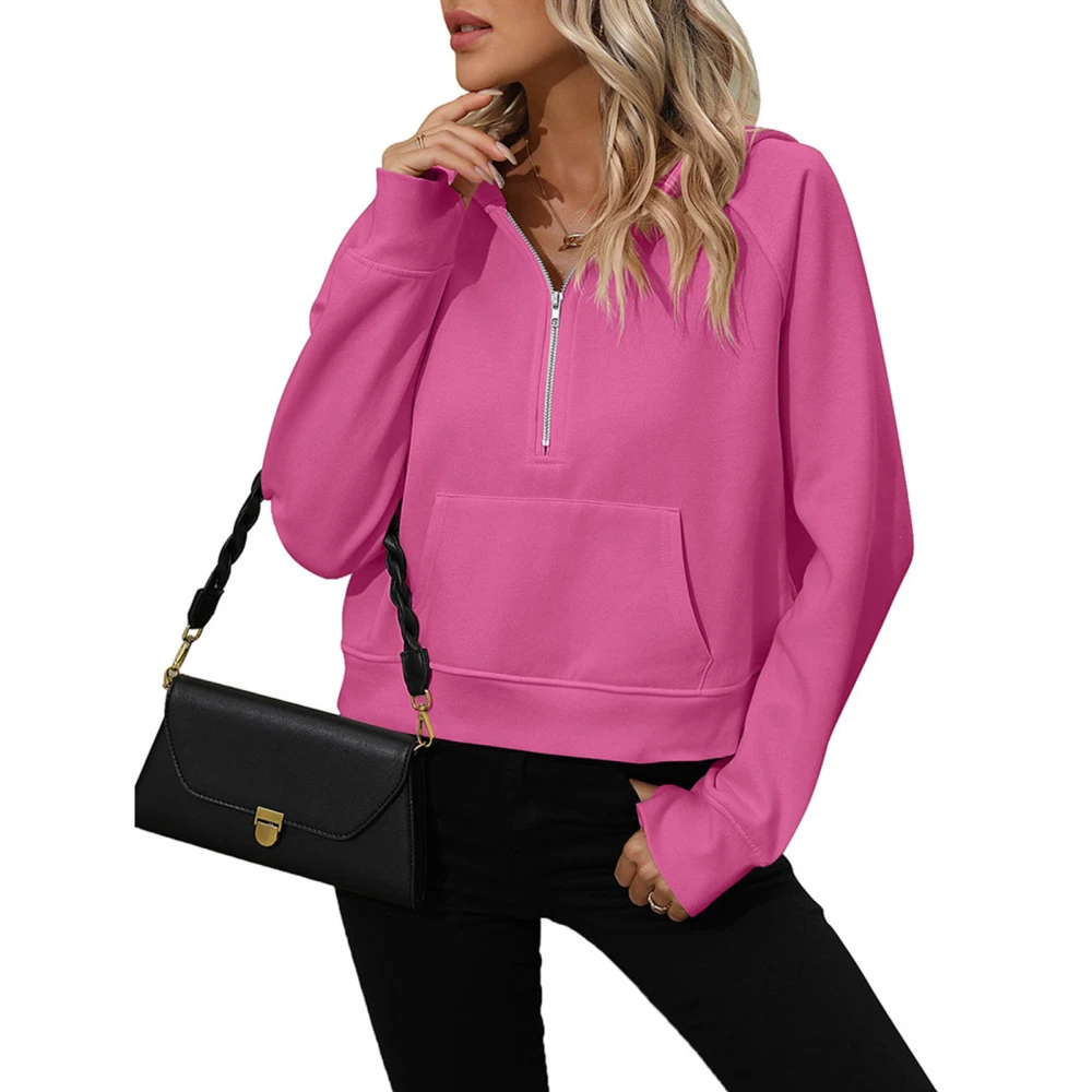 Women Hooded Sweatshirt Long Sleeve Half Zip Loose Fit Pure Color Lady Pullover Hoodie with Pocket Rose Red XL