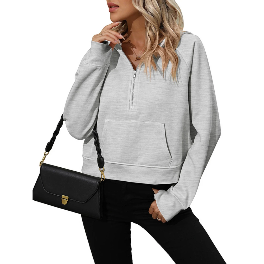 Women Hooded Sweatshirt Long Sleeve Half Zip Loose Fit Pure Color Lady Pullover Hoodie with Pocket Light Gray S