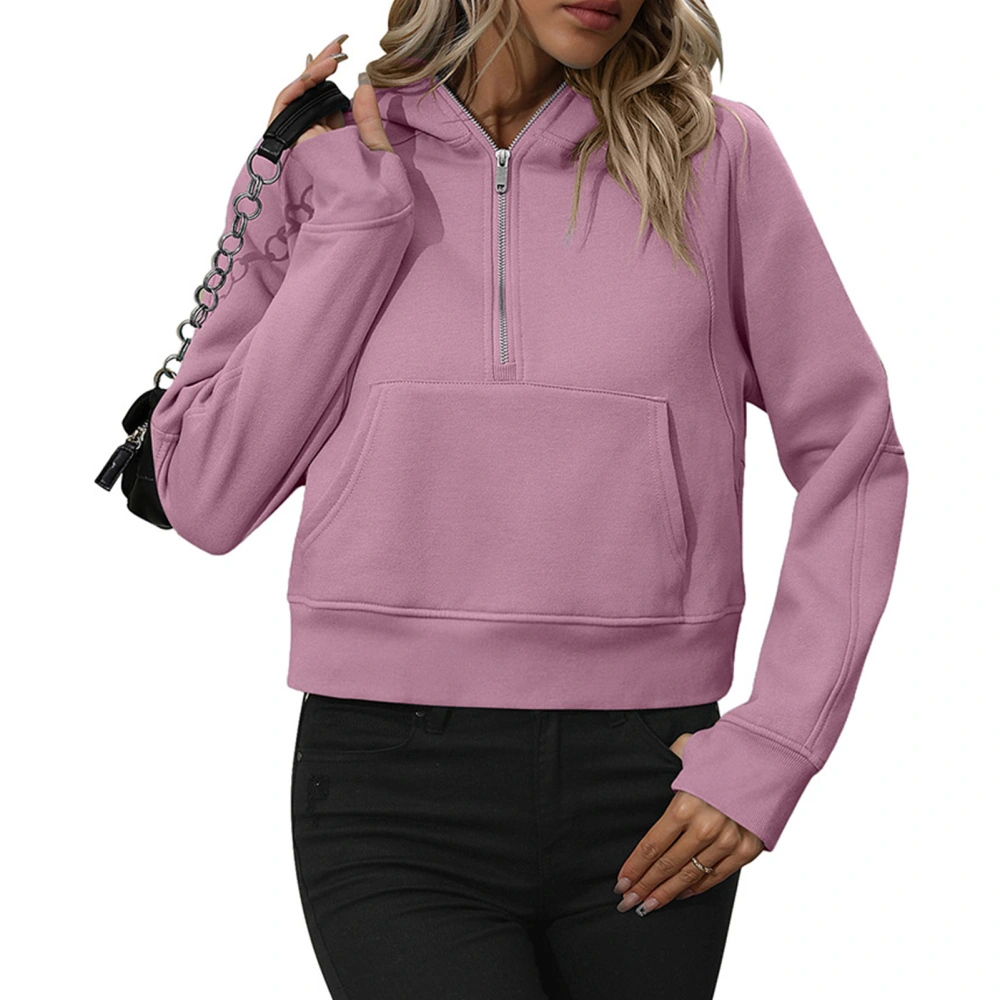 Half Zipper Drawstring Sweatshirt Long Sleeve Short Type Women Quarter Zip Pullover with Pocket Pinkish Purple S