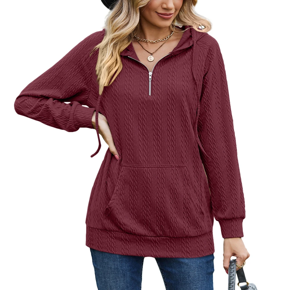 Women Hoodie with Pocket Pure Color Zipper V Neck Plain Color Long Sleeve Hooded Sweatshirt Wine Red M