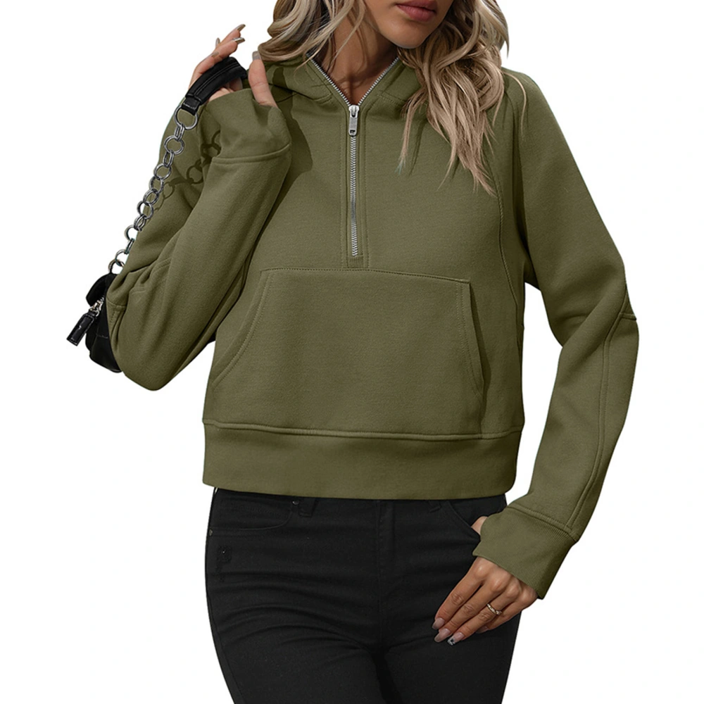 Half Zipper Drawstring Sweatshirt Long Sleeve Short Type Women Quarter Zip Pullover with Pocket OD Green M