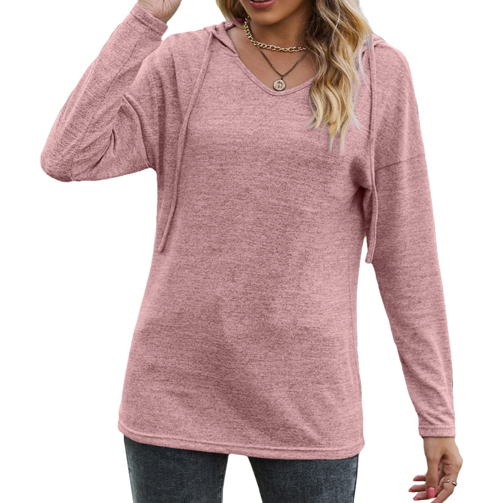 Women Long Sleeve Hoodie V Neck Drawstring Pure Color Loose Casual Hooded T Shirt Pink S