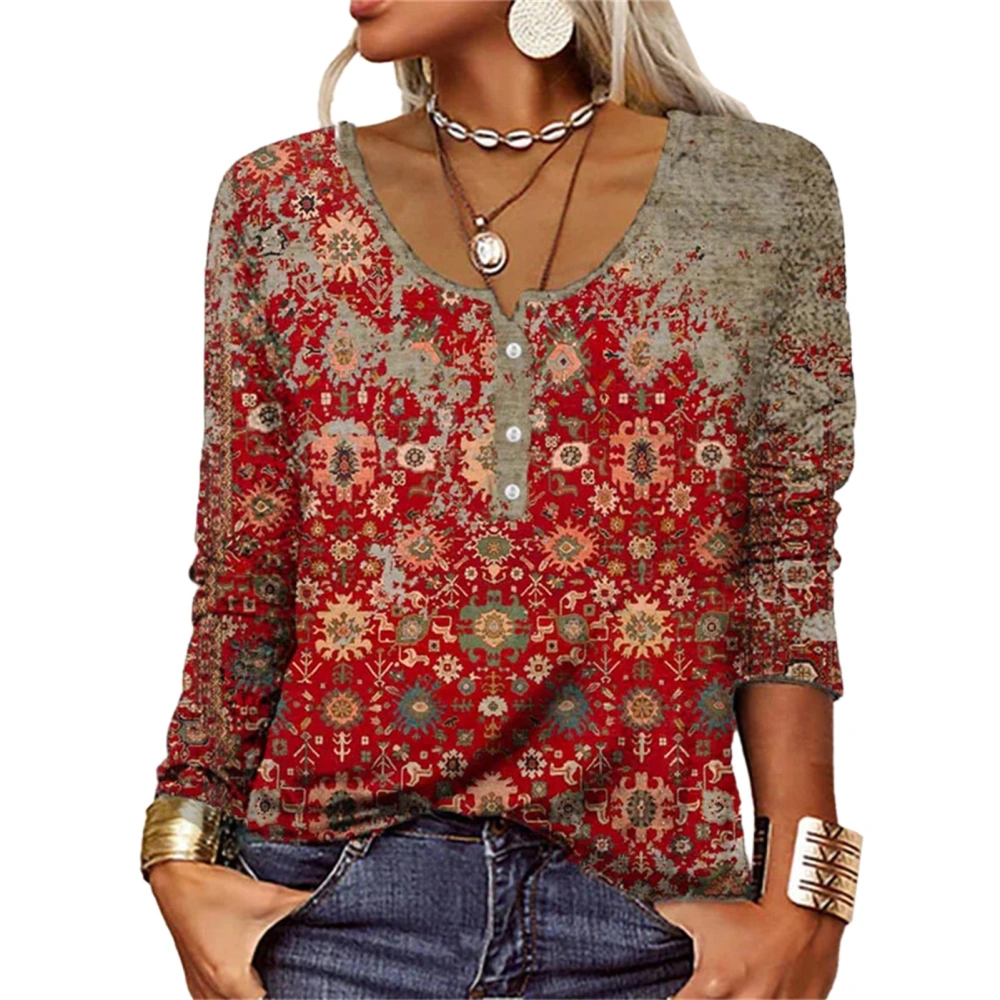 Women Long Sleeve Shirt U Neck Fashion Print 1/4 Button Casual Loose Women Undershirt Top for Daily Work Party Red M