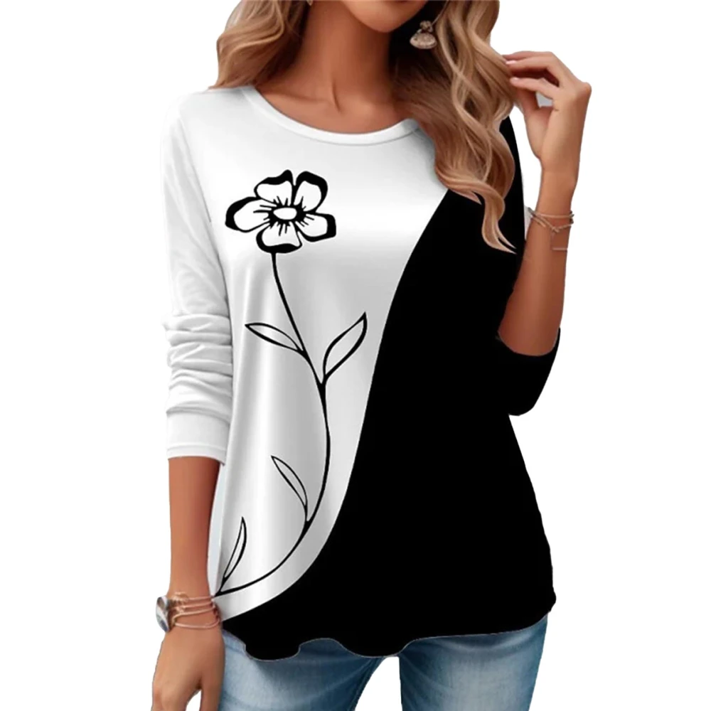 Long Sleeve Print T Shirt Round Neck Color Blocking Casual Loose Comfortable Blouse for Shopping Party Travel Black S