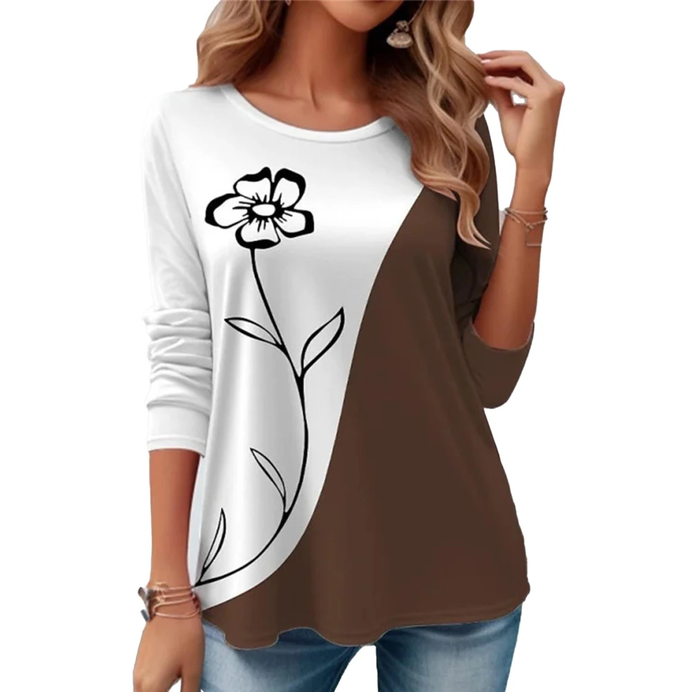 Long Sleeve Print T Shirt Round Neck Color Blocking Casual Loose Comfortable Blouse for Shopping Party Travel Brown XL