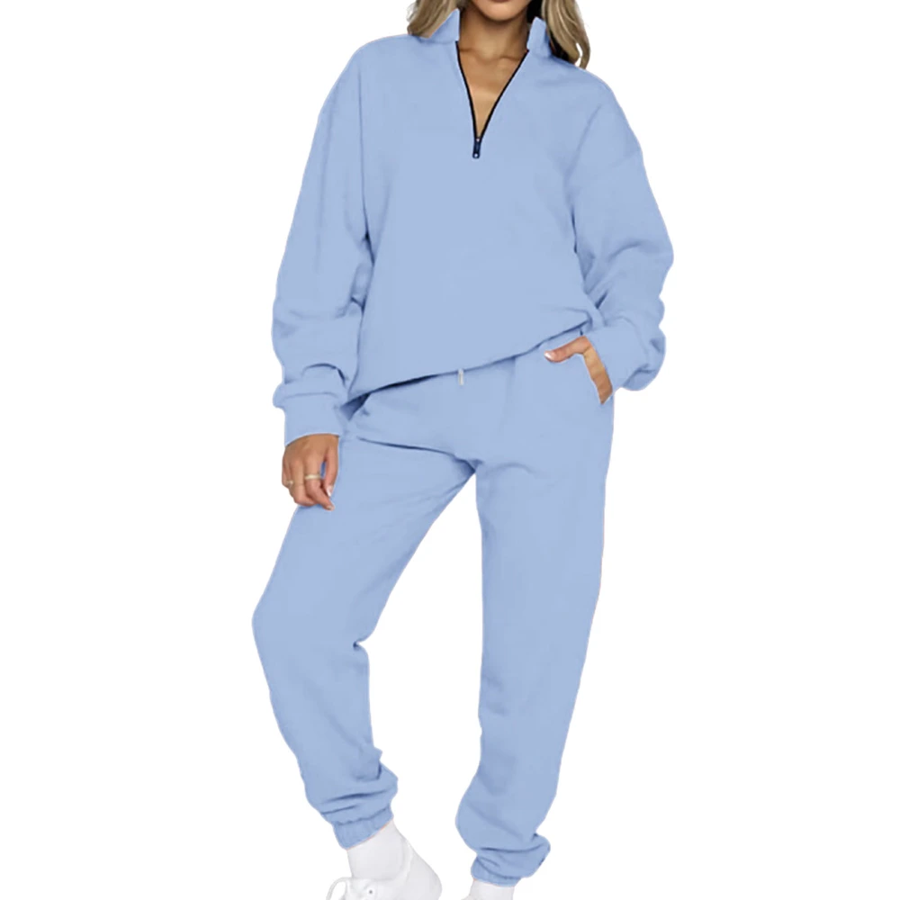 Women Sweatshirt Pants Set V Neck Long Sleeve Pure Color 2 Piece Loose Women Casual Jogging Suits for Daily Fitness Light Blue XL