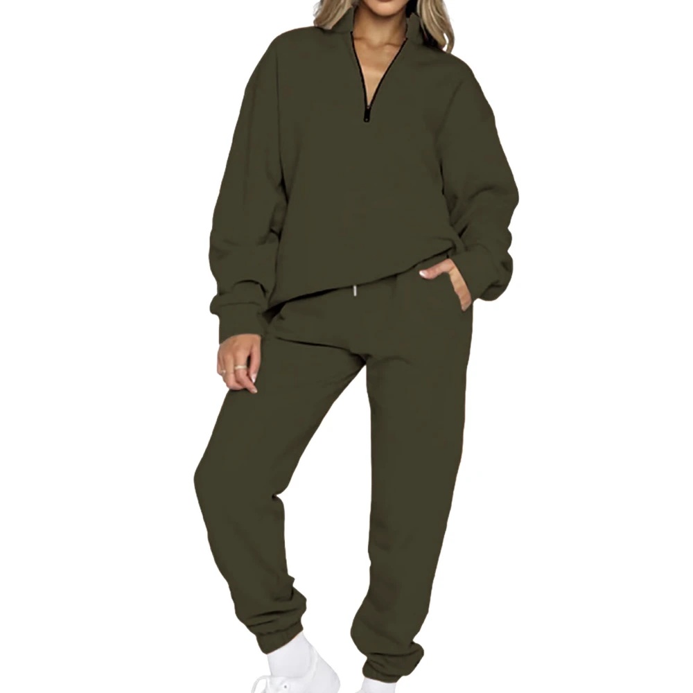 Women Sweatshirt Pants Set V Neck Long Sleeve Pure Color 2 Piece Loose Women Casual Jogging Suits for Daily Fitness OD Green M