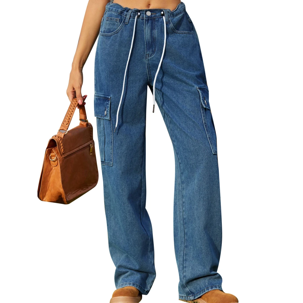 Cargo Pants Adjustable Waist Drawstring Fashion Casual with Large Flag Pockets Wide Leg Dark Blue L