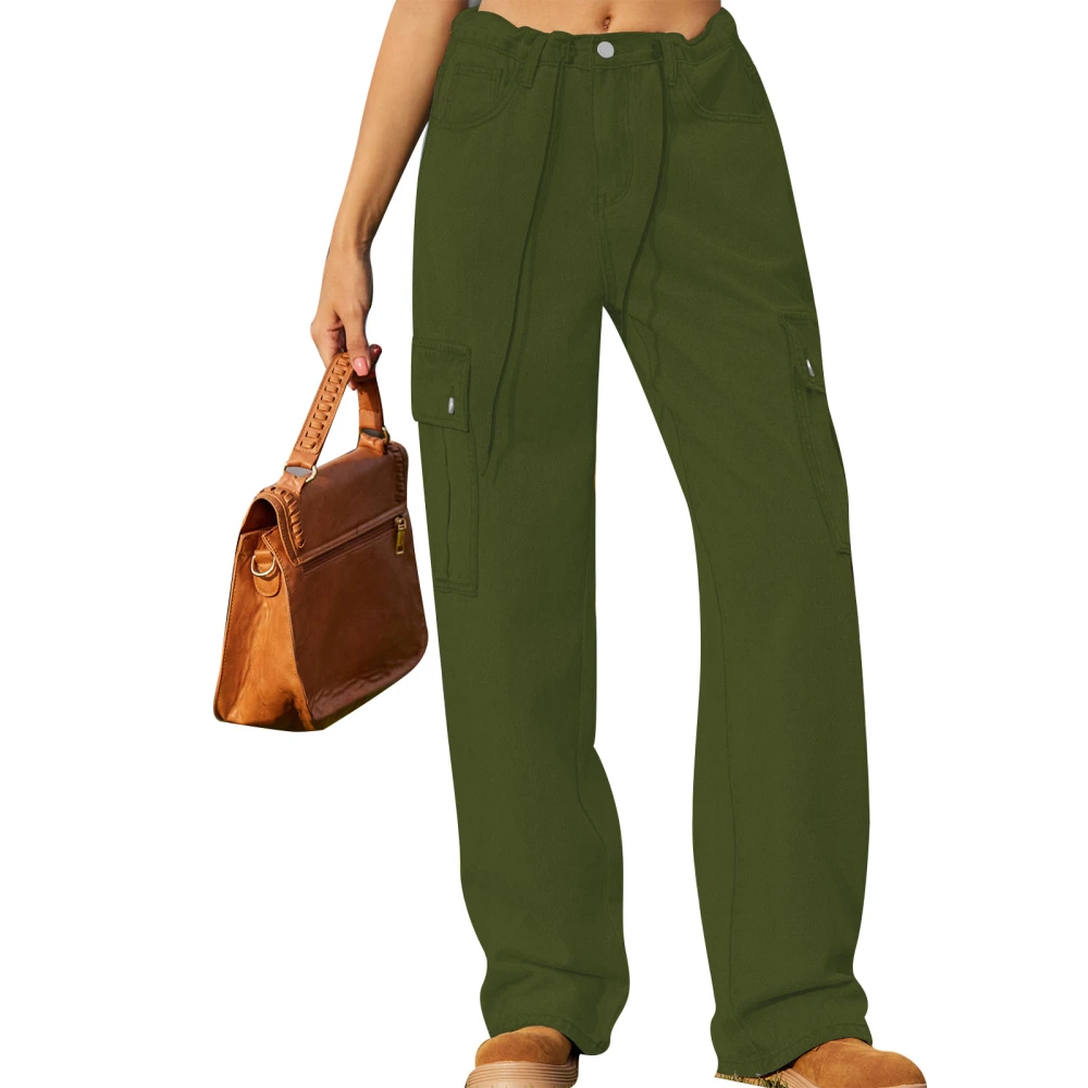 Cargo Pants Adjustable Waist Drawstring Fashion Casual with Large Flag Pockets Wide Leg OD Green L