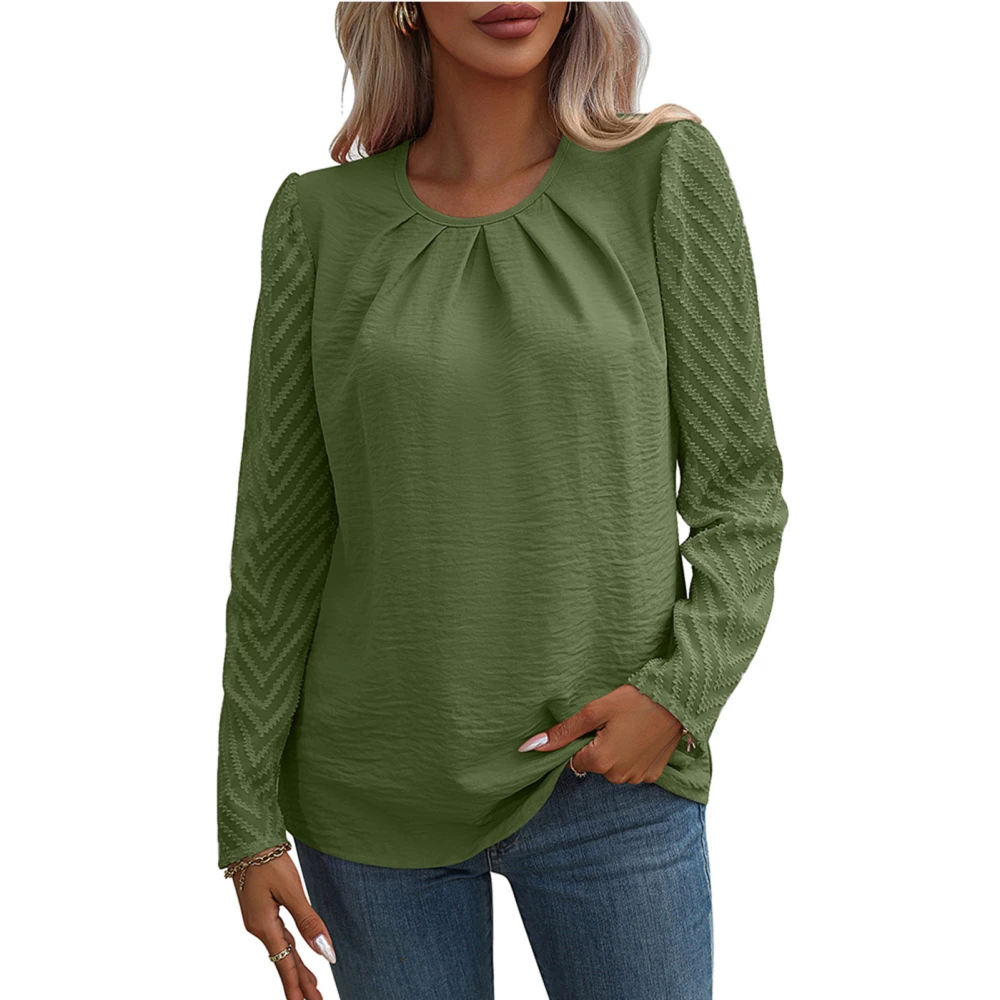 Women Long Sleeve Round Neck Shirt Fashion Casual Pure Color See Through Jacquard Women Long Sleeve Pullover Tops OD Green M