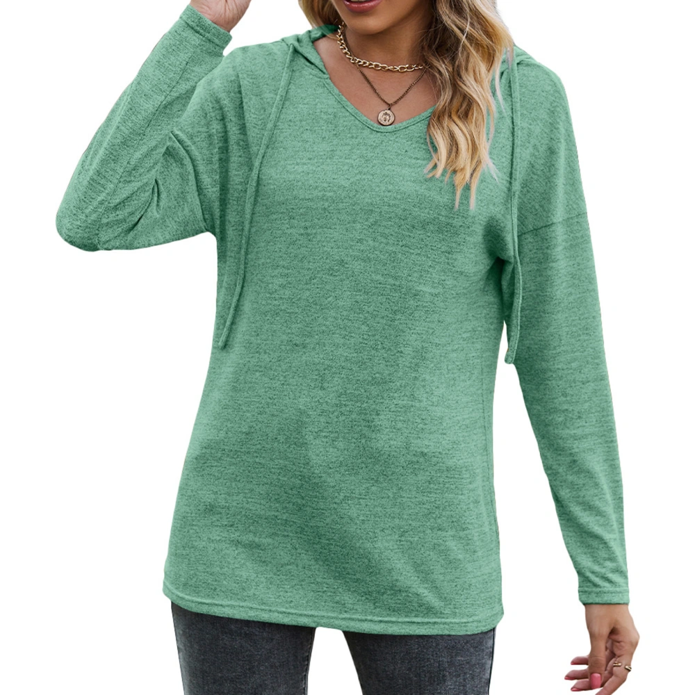 Women Long Sleeve Hoodie V Neck Drawstring Pure Color Loose Casual Hooded T Shirt Green S