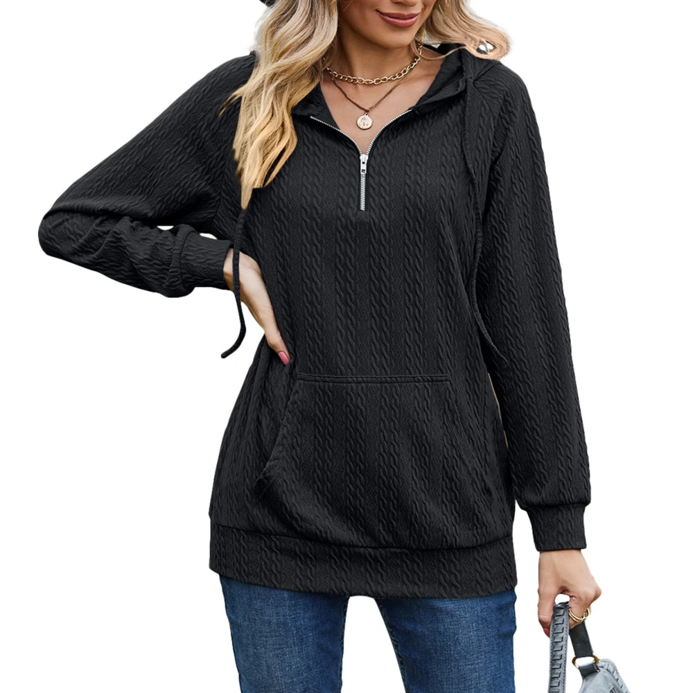 Women Hoodie with Pocket Pure Color Zipper V Neck Plain Color Long Sleeve Hooded Sweatshirt Black XL