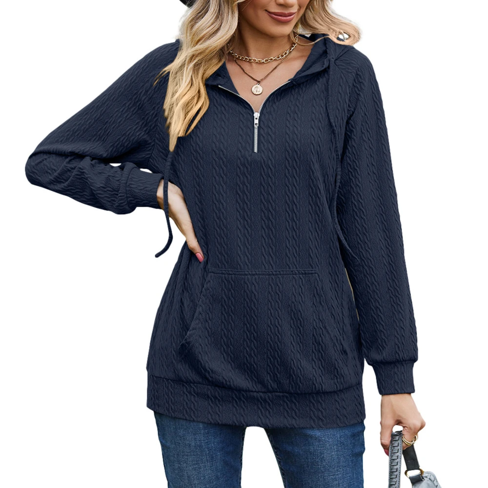 Women Hoodie with Pocket Pure Color Zipper V Neck Plain Color Long Sleeve Hooded Sweatshirt Navy Blue S