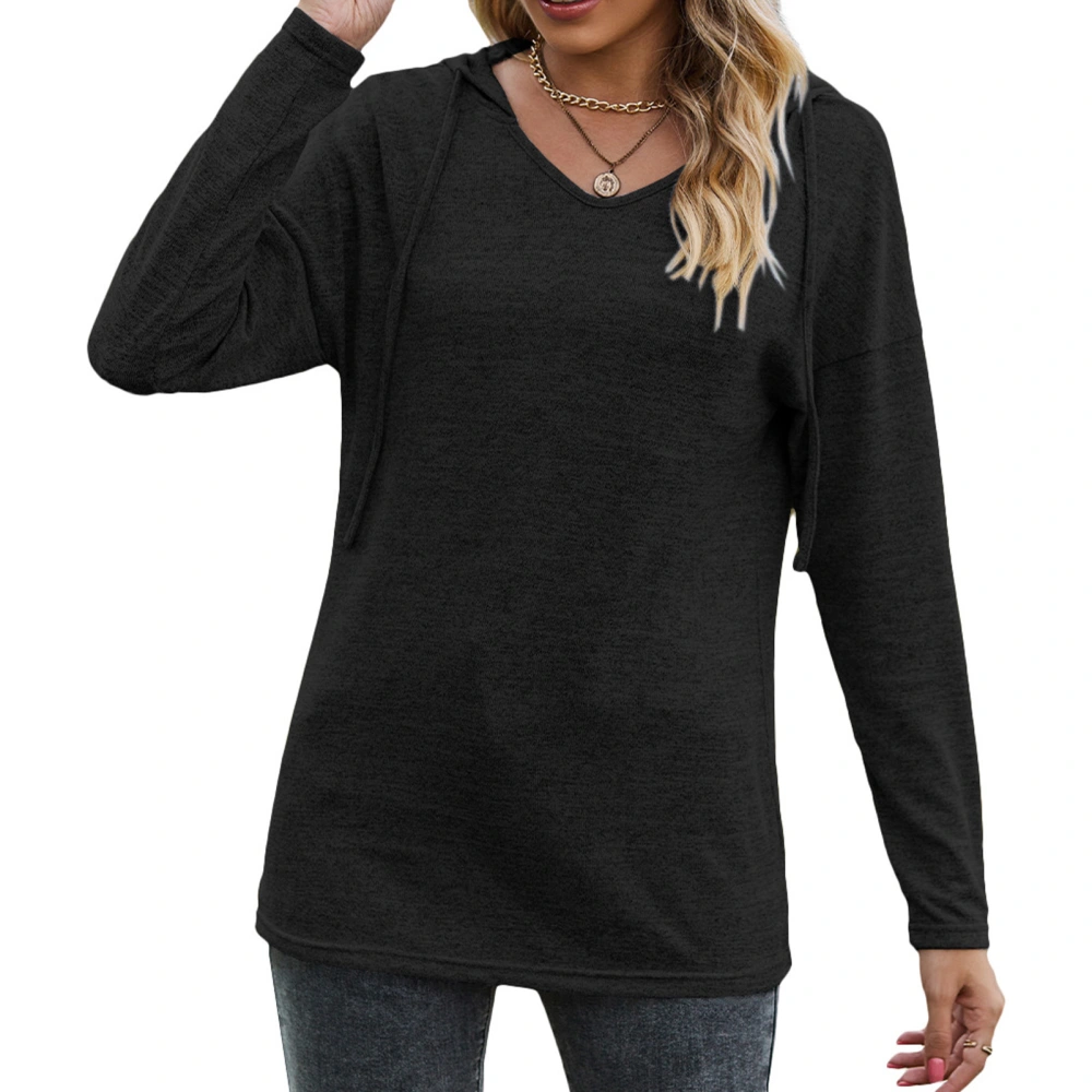 Women Long Sleeve Hoodie V Neck Drawstring Pure Color Loose Casual Hooded T Shirt Black S