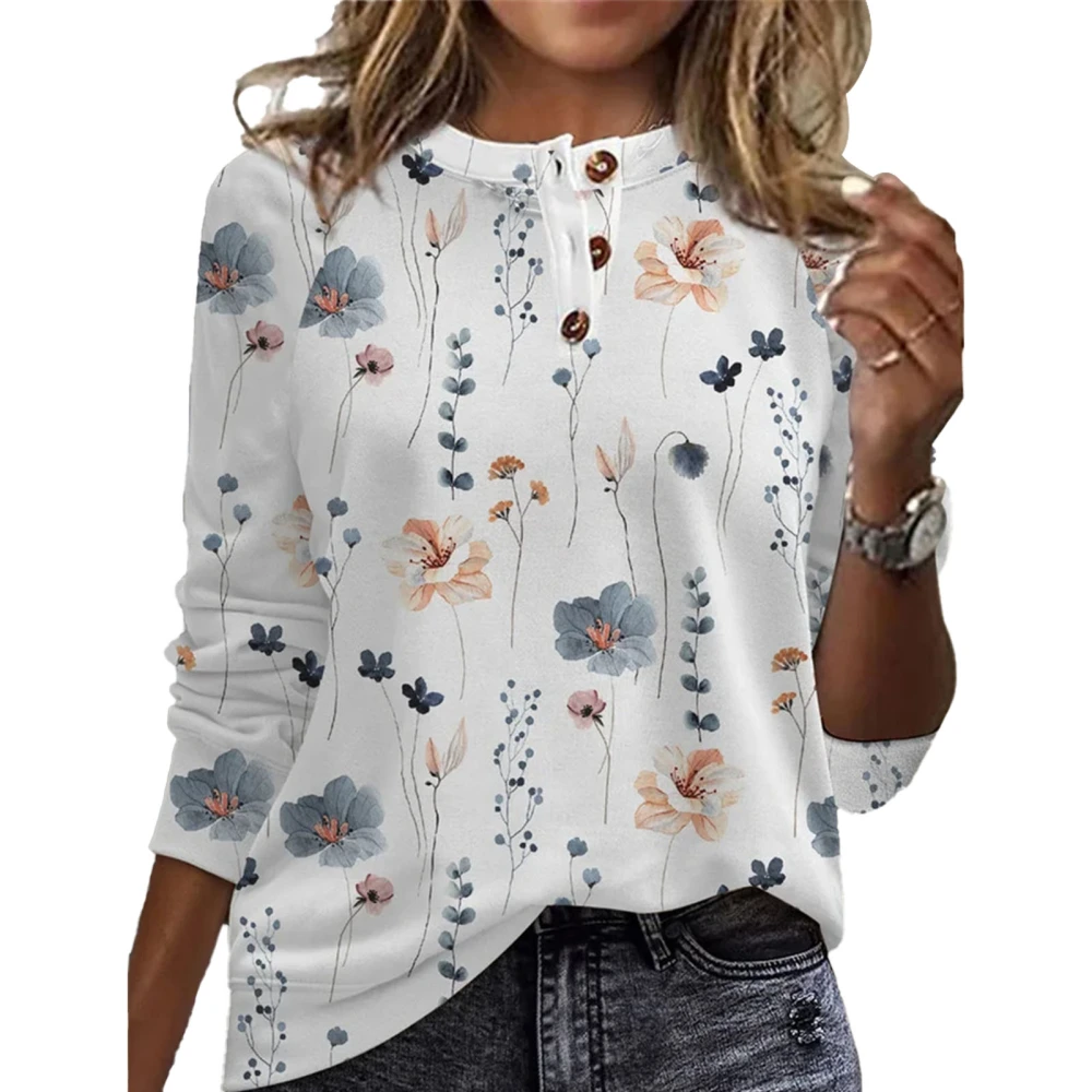 Women Shirt Round Neck Button Collar Loose Jacket Casual Fashion Style Long Sleeve Shirt Blouse White Painting S