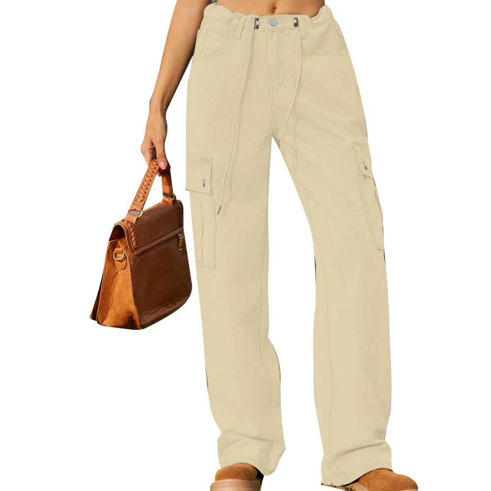 Cargo Pants Adjustable Waist Drawstring Fashion Casual with Large Flag Pockets Wide Leg Light Khaki XXL