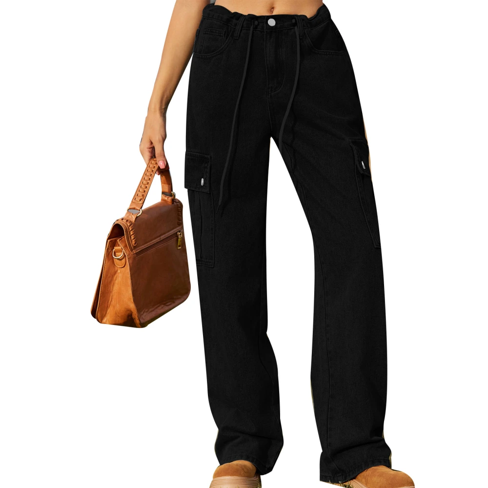 Cargo Pants Adjustable Waist Drawstring Fashion Casual with Large Flag Pockets Wide Leg Black M