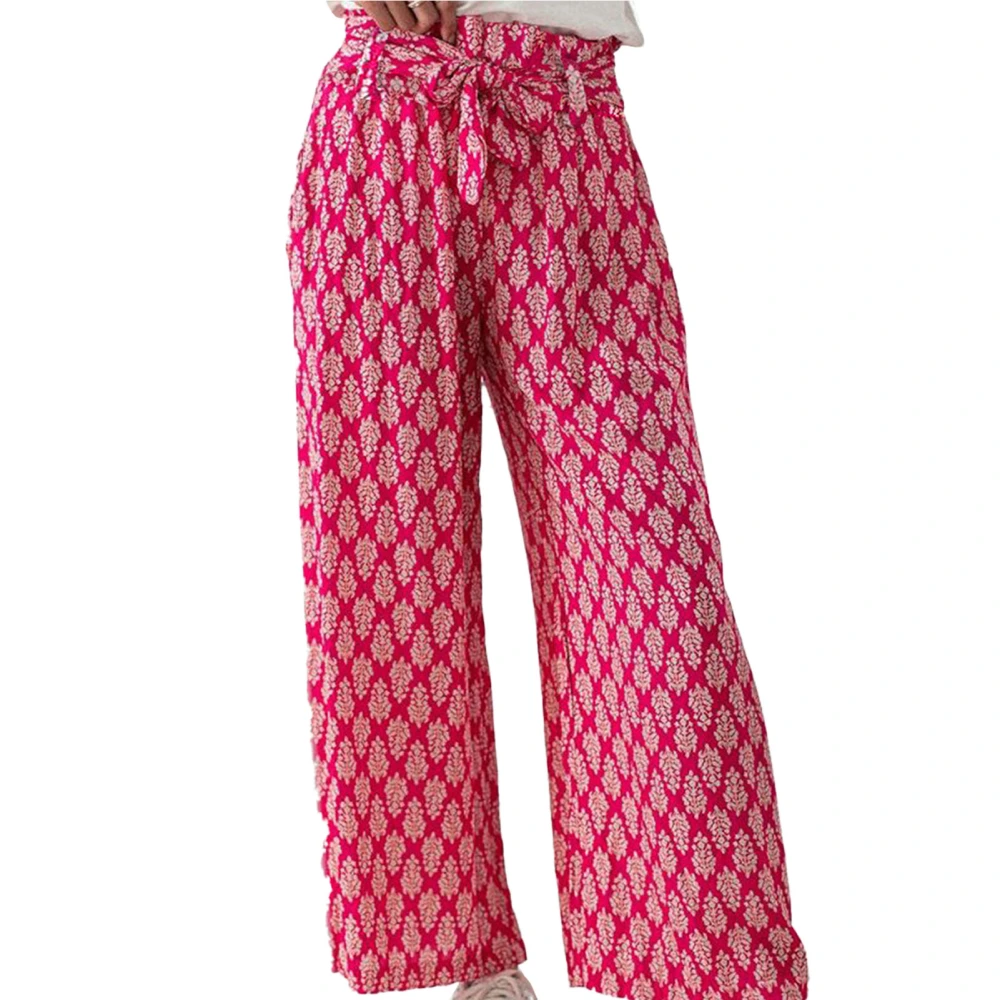 Women Long Pants Elastic Waist Wide Leg Pants with Waistband Fashionable Printing Casual Trousers Red Cloth Printing XL