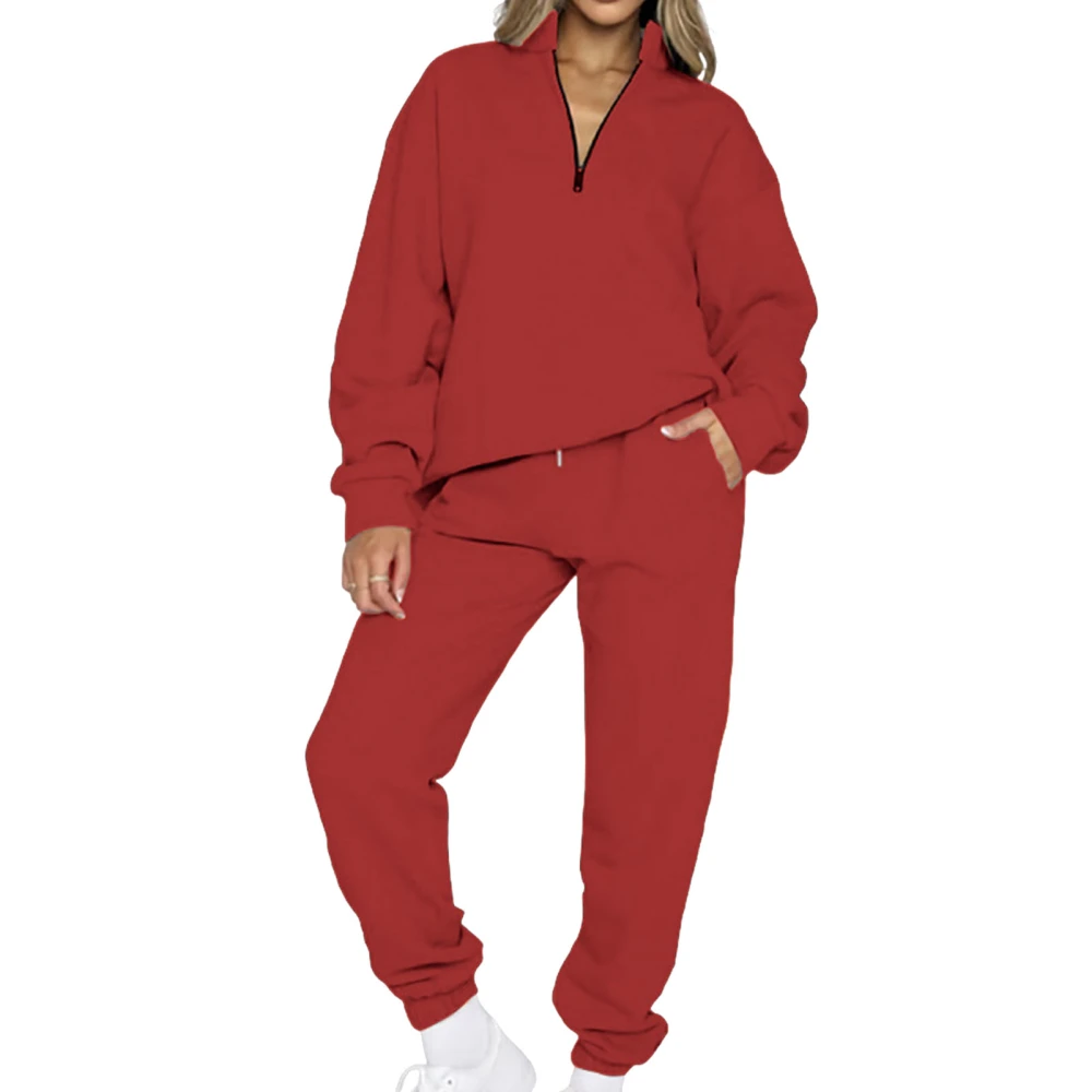 Women Sweatshirt Pants Set V Neck Long Sleeve Pure Color 2 Piece Loose Women Casual Jogging Suits for Daily Fitness Red XL